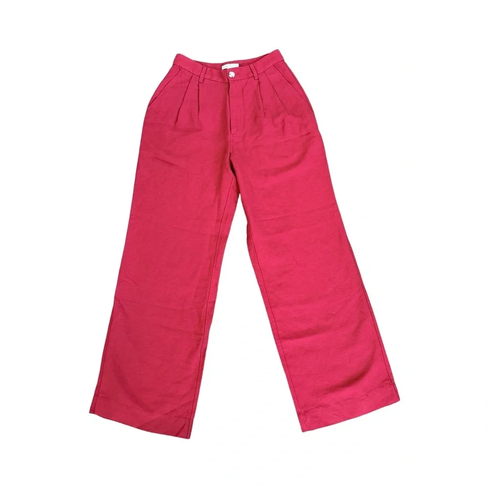 NWT Onia Air Linen Pleated Trousers Size‎ 2 | Dark Red Wide Leg High Rise Pants